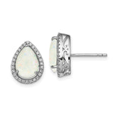 Sterling Silver Rhodium Polished Simulated Opal & CZ Post Earrings