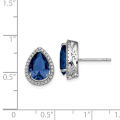 Sterling Silver Rhodium Created Sapphire & CZ Post Earrings