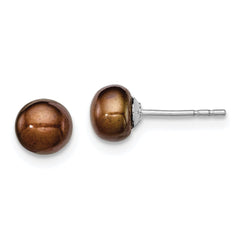 Sterling Silver Rhodium-plated 5-6mm Brown Button Freshwater Cultured Pearl Post Earring