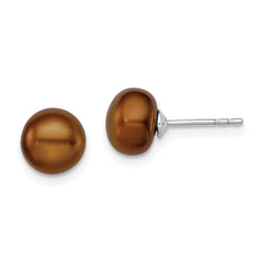 Sterling Silver Rhodium-plated 7-8mm Brown Button Freshwater Cultured Pearl Post Earring