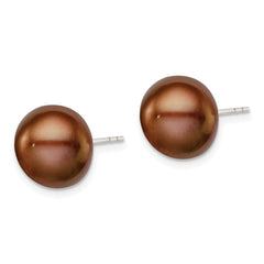 Sterling Silver Rhodium-plated 11-12mm Brown Button Freshwater Cultured Pearl Post Earrings