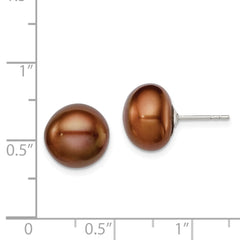 Sterling Silver Rhodium-plated 11-12mm Brown Button Freshwater Cultured Pearl Post Earrings