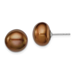 Sterling Silver Rhodium-plated 11-12mm Brown Button Freshwater Cultured Pearl Post Earrings