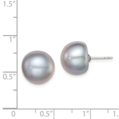Sterling Silver Rhodium-plated 12-13mm Grey Button Freshwater Cultured Pearl Post Earrings