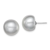 Sterling Silver Rhodium-plated 12-13mm Grey Button Freshwater Cultured Pearl Post Earrings