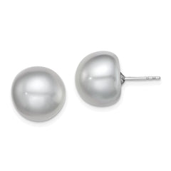 Sterling Silver Rhodium-plated 12-13mm Grey Button Freshwater Cultured Pearl Post Earrings