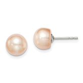 Sterling Silver Rhodium-plated 7-8mm Pink Button Freshwater Cultured Pearl Post Earrings