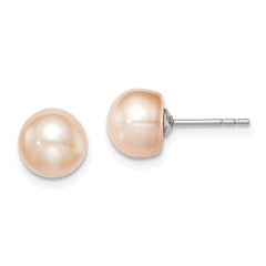Sterling Silver Rhodium-plated 7-8mm Pink Button Freshwater Cultured Pearl Post Earrings