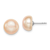 Sterling Silver Rhodium-plated 9-10mm Pink Button Freshwater Cultured Pearl Post Earrings