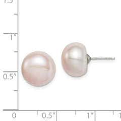 Sterling Silver Rhodium-plated 11-12mm Pink Button Freshwater Cultured Pearl Post Earrings