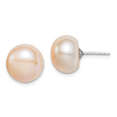 Sterling Silver Rhodium-plated 11-12mm Pink Button Freshwater Cultured Pearl Post Earrings