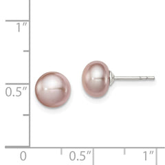 Sterling Silver Rhodium-plated 7-8mm Purple Button Freshwater Cultured Pearl Post Earrings