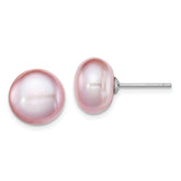 Sterling Silver Rhodium-plated 10-11mm Purple Button Freshwater Cultured Pearl Post Earrings