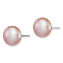 Sterling Silver Rhodium-plated 11-12mm Purple Button Freshwater Cultured Pearl Post Earrings