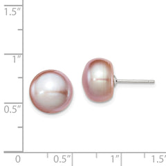 Sterling Silver Rhodium-plated 11-12mm Purple Button Freshwater Cultured Pearl Post Earrings