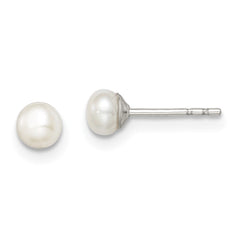 Sterling Silver Rhodium-plated 3-4mm White Button Freshwater Cultured Pearl Post Earrings