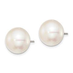 Sterling Silver Rhodium-plated 12-13mm White Button Freshwater Cultured Pearl Post Earrings