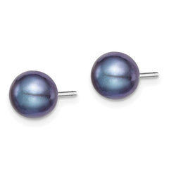 Sterling Silver Rhodium-plated 7-8mm Black Round Freshwater Cultured Pearl Post Earrings