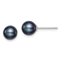 Sterling Silver Rhodium-plated 7-8mm Black Round Freshwater Cultured Pearl Post Earrings