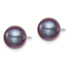 Sterling Silver Rhodium-plated 8-9mm Black Round Freshwater Cultured Pearl Post Earrings
