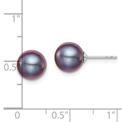 Sterling Silver Rhodium-plated 8-9mm Black Round Freshwater Cultured Pearl Post Earrings