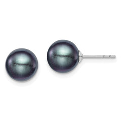 Sterling Silver Rhodium-plated 8-9mm Black Round Freshwater Cultured Pearl Post Earrings