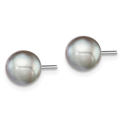 Sterling Silver Rhodium-plated 7-8mm Grey Round Freshwater Cultured Pearl Post Earrings