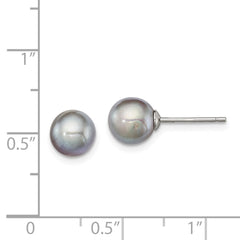 Sterling Silver Rhodium-plated 7-8mm Grey Round Freshwater Cultured Pearl Post Earrings