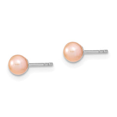 Sterling Silver Rhodium-plated 4-5mm Pink Round Freshwater Cultured Pearl Post Earrings