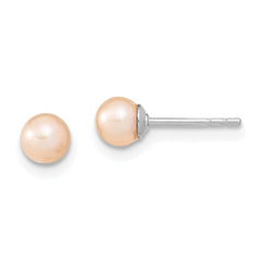 Sterling Silver Rhodium-plated 4-5mm Pink Round Freshwater Cultured Pearl Post Earrings