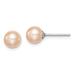 Sterling Silver Rhodium-plated 6-7mm Pink Round Freshwater Cultured Pearl Post Earrings