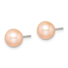 Sterling Silver Rhodium-plated 7-8mm Pink Round Freshwater Cultured Pearl Post Earrings