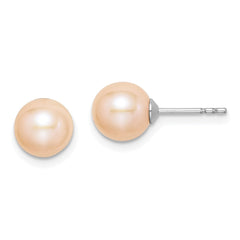 Sterling Silver Rhodium-plated 7-8mm Pink Round Freshwater Cultured Pearl Post Earrings