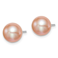 Sterling Silver Rhodium-plated 8-9mm Pink Round Freshwater Cultured Pearl Post Earrings