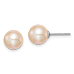 Sterling Silver Rhodium-plated 8-9mm Pink Round Freshwater Cultured Pearl Post Earrings