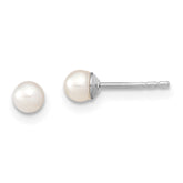 Sterling Silver Rhodium-plated 3-4mm White Round Freshwater Cultured Pearl Post Earrings
