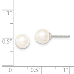 Sterling Silver Rhodium-plated 7-8mm White Round Freshwater Cultured Pearl Post Earrings