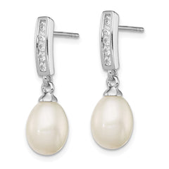 Sterling Silver Rhodium-plated 8-9mm White Rice Freshwater Cultured Pearl and CZ Post Dangle Earrings - 5