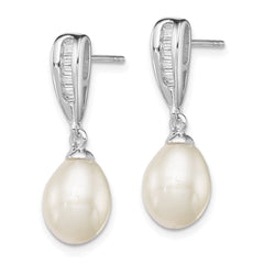 Sterling Silver Rhodium-plated 7-8mm White Rice Freshwater Cultured Pearl and CZ Post Dangle Earrings - 9
