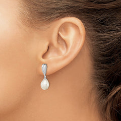 Sterling Silver Rhodium-plated 7-8mm White Rice Freshwater Cultured Pearl and CZ Post Dangle Earrings - 9
