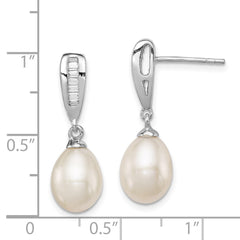 Sterling Silver Rhodium-plated 7-8mm White Rice Freshwater Cultured Pearl and CZ Post Dangle Earrings - 9