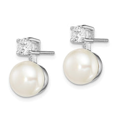 Sterling Silver Rhodium-plated 7-8mm White Button Freshwater Cultured Pearl and CZ Post Earrings - 2