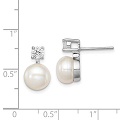 Sterling Silver Rhodium-plated 7-8mm White Button Freshwater Cultured Pearl and CZ Post Earrings - 2