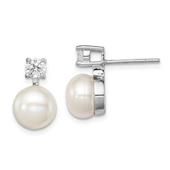 Sterling Silver Rhodium-plated 7-8mm White Button Freshwater Cultured Pearl and CZ Post Earrings - 2