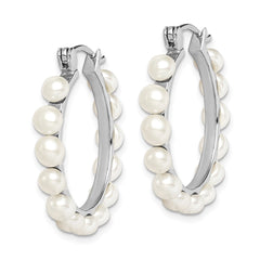 Sterling Silver Rhodium-plated 4-5mm White Button Freshwater Cultured Pearl Hoop Earrings