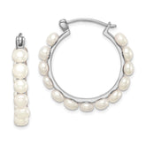 Sterling Silver Rhodium-plated 4-5mm White Button Freshwater Cultured Pearl Hoop Earrings