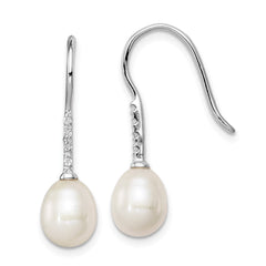 Sterling Silver Rhodium-plated 7-8mm White Teardrop Freshwater Cultured Pearl and CZ Dangle Earrings - 4