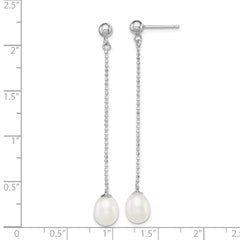 Sterling Silver Rhodium-plated 7-8mm White Rice Freshwater Cultured Pearl Post Dangle Earrings - 3