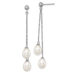 Sterling Silver Rhodium-plated 7-8mm White Rice Freshwater Cultured Pearl Post Dangle Earrings - 5