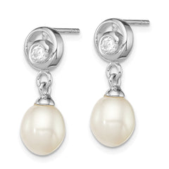 Sterling Silver Rhodium-plated 7-8mm White Rice Freshwater Cultured Pearl and CZ Post Dangle Earrings - 6